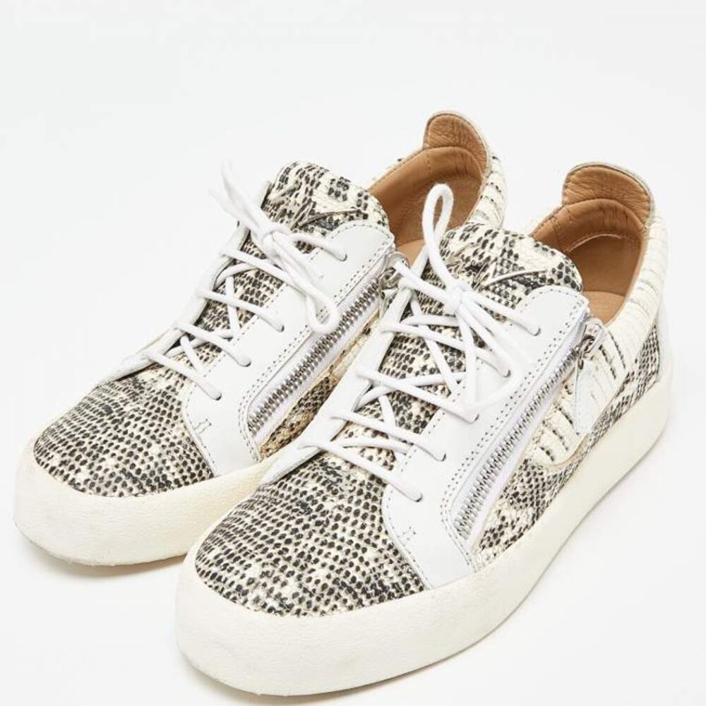 GIUSEPPE ZANOTTI Frankie Sneakers Lizard Emboss Leather White Beige Sz 38/US 7.5